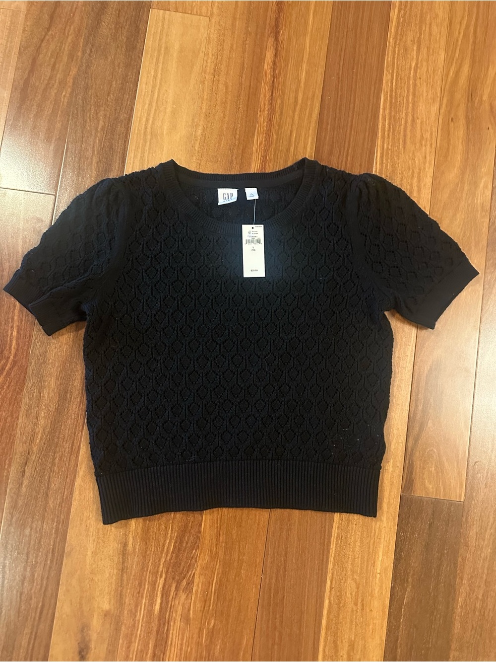 GAP Black Short Sleeve Crochet Pointelle Sweater Girls  Sz L - 10 - NWT
